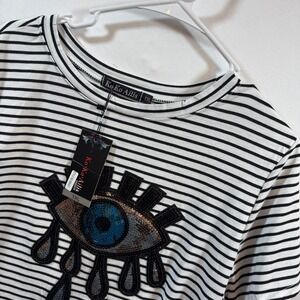 KoKo Ailis Striped Evil Eye Sequin T-Shirt Black White 1XL NWT 68437